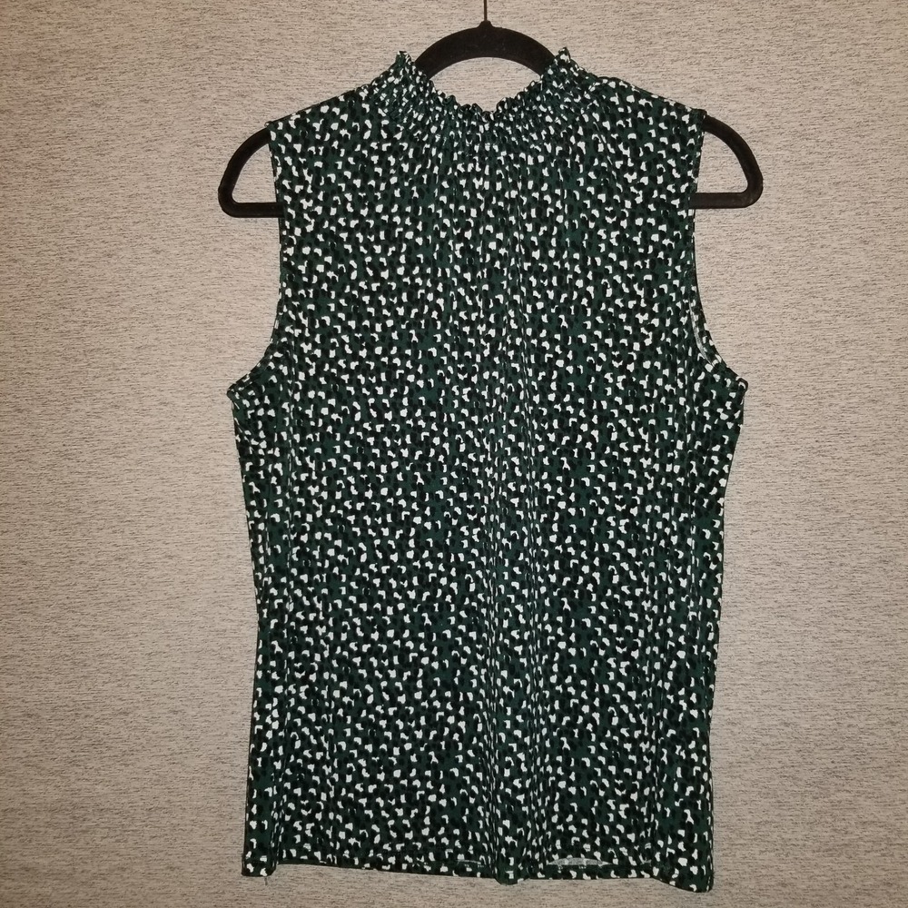 Adrianna Papell Blouse Sleeveless Ruched Neck Top Large Black Green Speckled